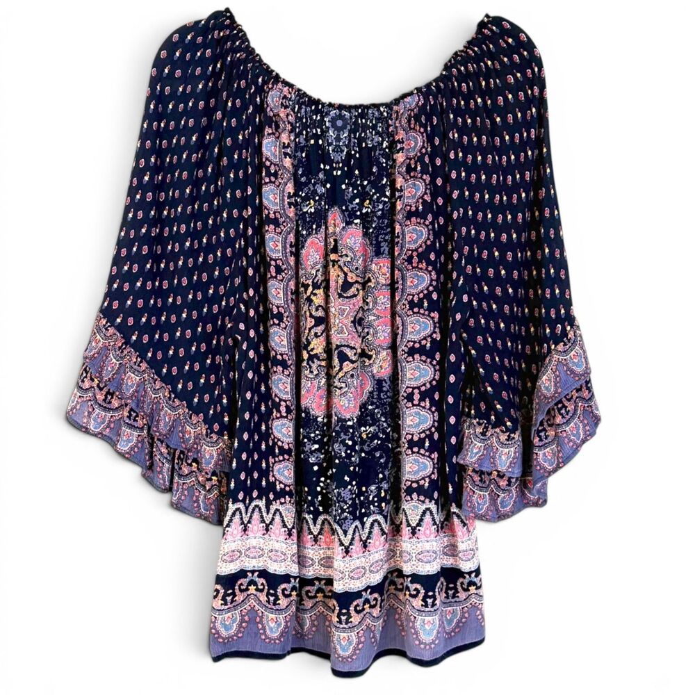 boho peasant paisley tassel tie neck ruffle bell sleeve hippie blouse xl by bila - Picture 4 of 8